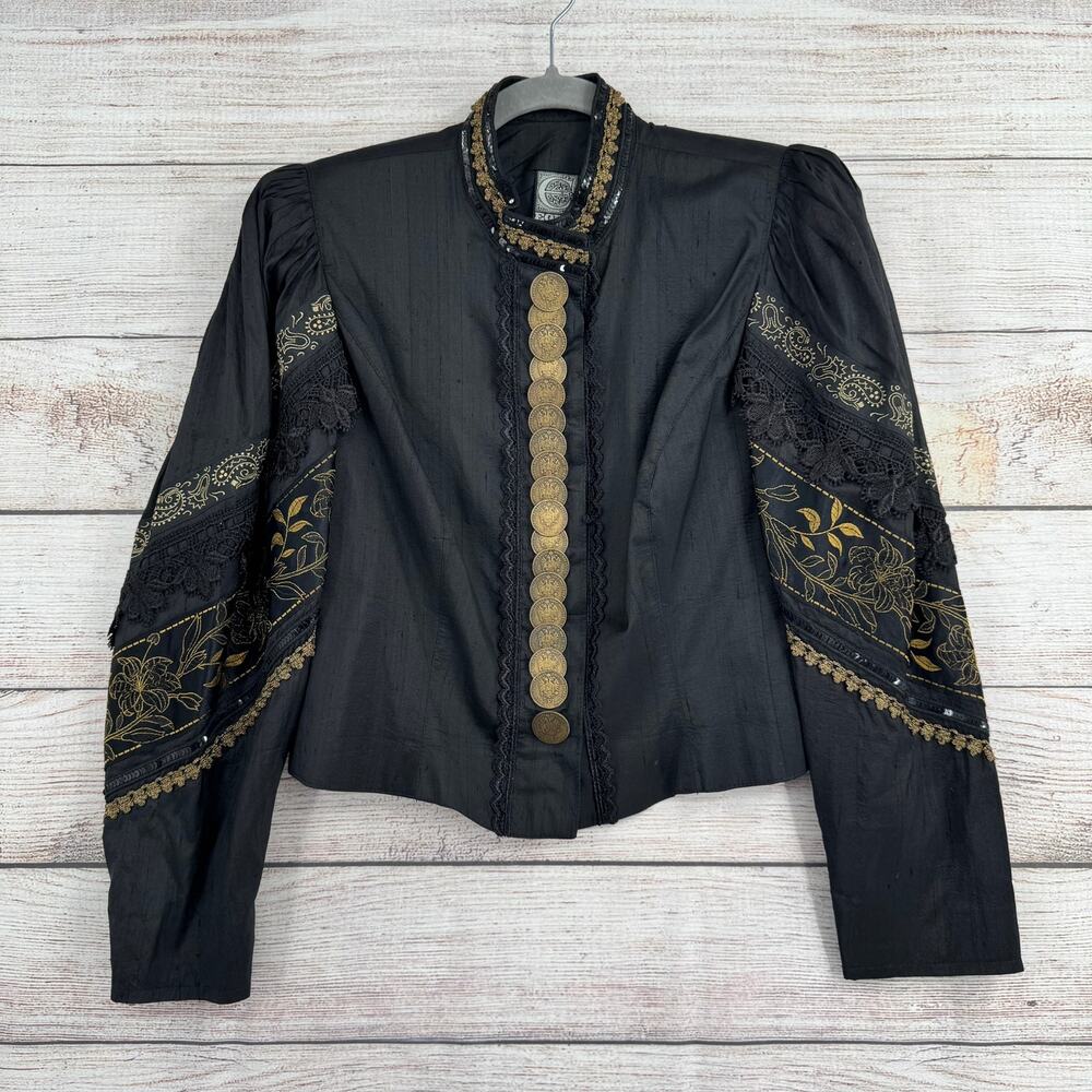 Eger Embroidered Crochet Gold Coin Trim Blouse Womens 40/Medium Black